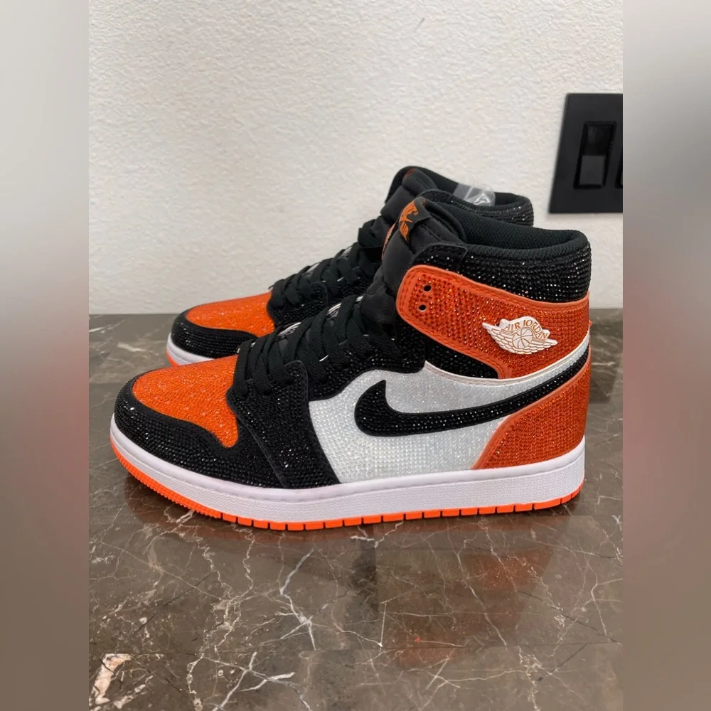 Custom Black, Orange & White Rhinstone Nike Air Jordan Sneakers, Men's 8/ Womens